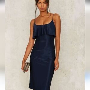 RARE LONDON Lurex Sheen Bodycon Midi Dress Sleeveless In Navy. Size 4
